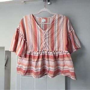 Striped V-Neck Buttoned Women's Top